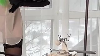 Skinny Russian Lady69 in Lingerie and Heels Does Yoga and Cleaning POV