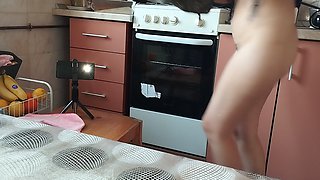 Hot Wife Prepares Naked Food in the Kitchen. Amateur Wife with Hairy Pussy, Big Tits, Big Ass.