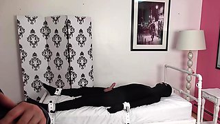 Femdom fetish blonde makes cuckold lick cumshot