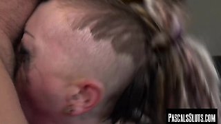 Pascal White is having another rough run on tattooed Piggy Mouth and her pussy