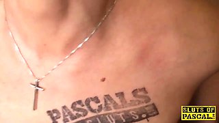 Submissive blonda bends over