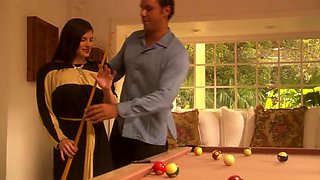Small tits hottie plays pool and gets fucked in missionary. HD