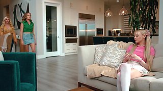 Blonde Lesbian Threesome: Stepmom & Daughter Fingering on Sofa