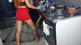 Slutty Latina seduced a plumber with her red mini skirt