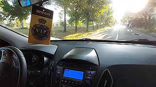 Horny mature mom with high heels and sexy legs in the car in the morning on the way to the office