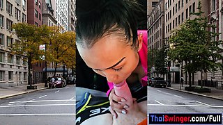 Public POV blowjob by busty Asian MILF