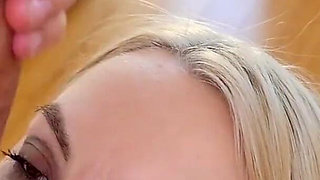 Petite blonde Sandra Luberc POV deepthroat blowjob and cum swallow