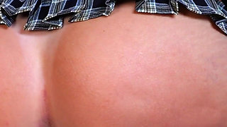 Perfect Riding Twerk on Dildo and Creamy Missionary in Plaid Skirt and Socks