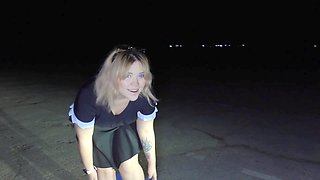 Real amateur walks outdoors without panties in a short skirt