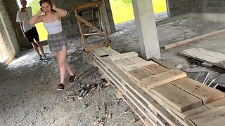 Two dudes fuck a Russian bitch with big natural tits in an abandoned building