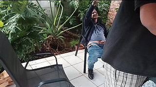 Fucking my stepbrother while his dad masturbates and watch outside