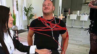 Three sexy nuns in their uniforms gets fucked by a lucky guy