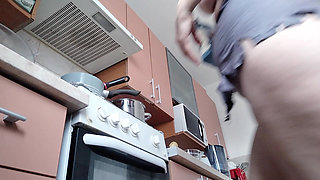 Sexy Naked Wife Preparing Food in the Kitchen. Hairy Brunette, Big Ass, Big Tits.