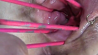 Far Spread Pumped Pussy Worked with Dildos Glasses and Billiard Ball