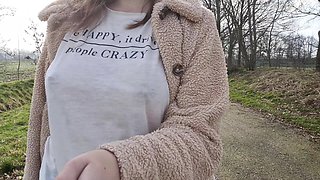 Boobwalk on the Side of the Road, Braless Walking in See Thru Shirt