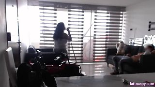 Amateur Latina MILF with huge natural tits jerks off while cleaning her house - homemade HD video part 1
