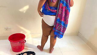 While the Desi Stepmom Washes Bra & Panties, Stepmom Took off the Stepson's Pants and Naked Him, Then Asks Him to Fuck Her - Cum