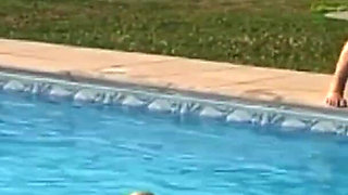 Busty blondie gets cum in mouth while fucking by the swimming pool