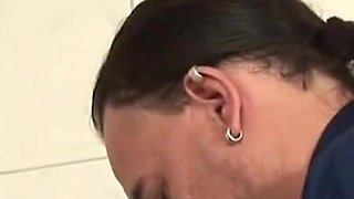 Tattooed red hair girl pussy fucking in the toilet