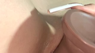 Tight Pussy Squirting All Over BBC Dildo