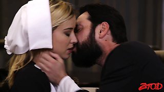 Blonde teen takes off her costume to gets his cock inside