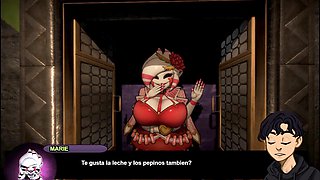 NSFW cartoon with busty milf featuring FNaF Foxy and Chica
