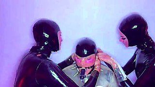 Pitiful slave humiliated and punished in BDSM latex threeway