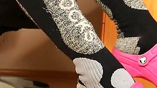 Gray Leggings, Pink Clogs, Ski Socks & Barefoot Under Desk