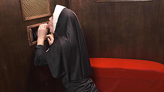 Slutty nun Abbie Maley gets fucked through a hole in the wall