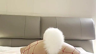 Asian Intense Masturbation with Butt Plug and Vibrator, Fishnet Stockings Fantasy