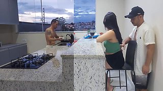 Fucking Hot Wife In The Kitchen Until She Cums, While The Cuckold Washes The Dishes
