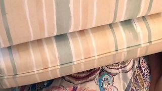 Stepmom is stuck under the ottoman