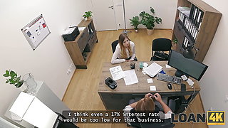 LOAN4K. Blonde Maya with big tits is fucking a bank worker on the office chair while his colleague is watching