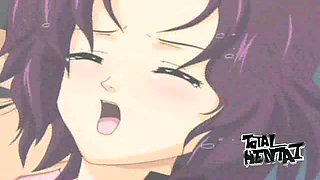 Purple haired buxom hentai babe gets nailed doggy by tuxedo stud