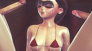 Helen Parr The Incredibles Takes Two Cocks - Double Blowjob & Rough Group Sex with Facial Cum in 3D Animation