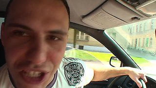 Nasty girl gives a double blowjob outdoor