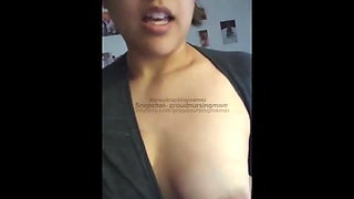 Girl with glasses squeezes milk from her boob for Youtube