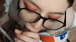 Young Pregnant Wife in Glasses Does Kneeling Blowjob and Gets Facial Cumhot