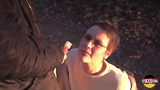 Shorthaired Brunette with Glasses Sucks and Fucks Outdoor