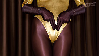 870 Shiny Brown Spandex Pantyhose and Gold Leotard