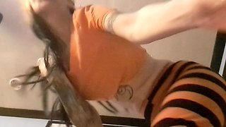 Squatting in Halloween Leggings