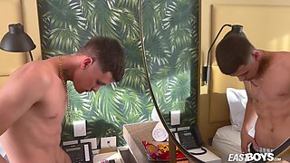 Cute young babe latino boy doing striptease in shower