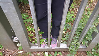 Hanging tits get slapped hard outdoors