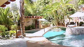 Cute Blonde in Sexy Lingerie With Big Tits Gets Fucked Hard by Three Guys at the Pool