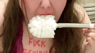 Ex Feminist slut brushing teeth with toilet brush humiliation
