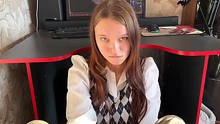 Stepdaughter sucks stepdad's dick instead of letting him play games - cum swallow & big tits - JuliaSayNo