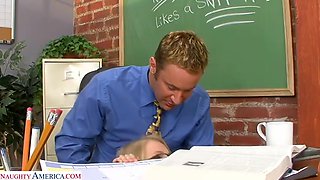 Cute blonde Ziggy tries to take her Professor's huge cock after class