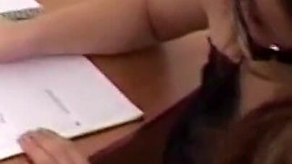 Horny pigtail brunette jerks his cock and gets a warm load on her tits