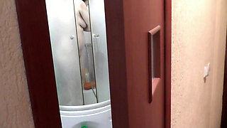 Mature Milf sexy brunette takes shower and asks her roommate guy to give towel for bathroom. Big natural tits Ass Pussy Close Up