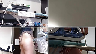 Sexy MILF, hairy pussy, big ass, vacuum cleaner in empty house.